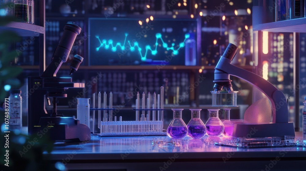 Obraz premium Biology lab background with molecular biology instruments, test tubes, and cell culture