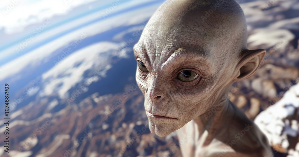 An ultra-realistic depiction of a gray alien with Earth visible in the ...