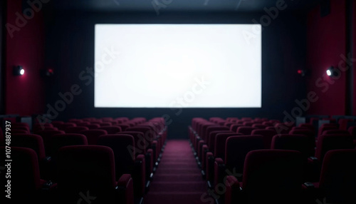 An empty cinema hall with rows of seats, a large white screen, and subtle lighting, ideal for advertising.