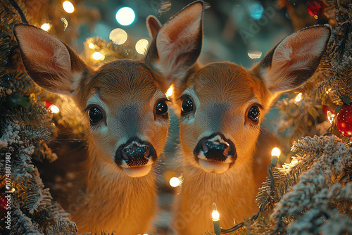 Wide-angle Christmas scene of two deer gently touching heads inside an old oak tree, bathed in soft, warm holiday lighting with red, green, and white tones, photo