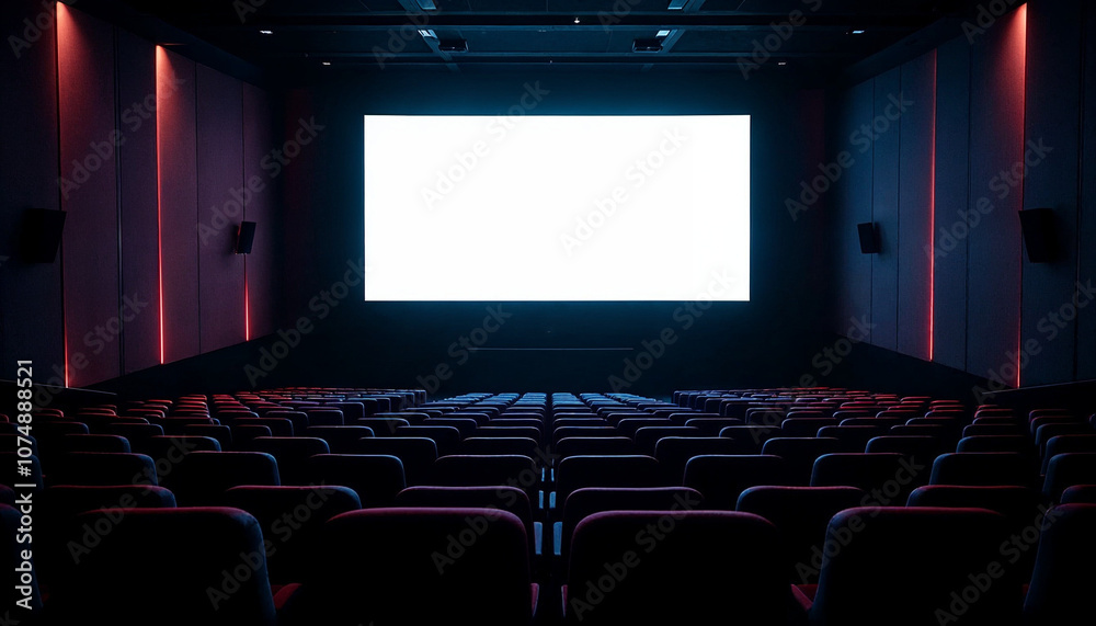 An empty cinema hall with rows of seats, a large white screen, and subtle lighting, ideal for advertising.
An empty cinema hall with rows of seats, a large white screen, and subtle lighting, ideal for advertising.