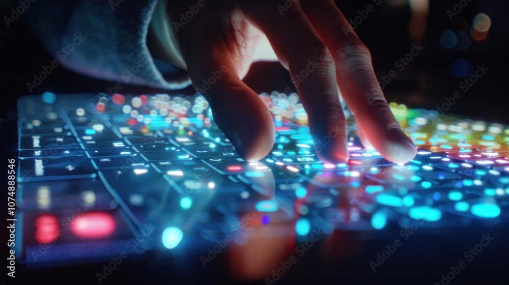 Close-up of a Hand Interacting with a Futuristic Keyboard Close-up of a Hand Interacting with a Futuristic Keyboard