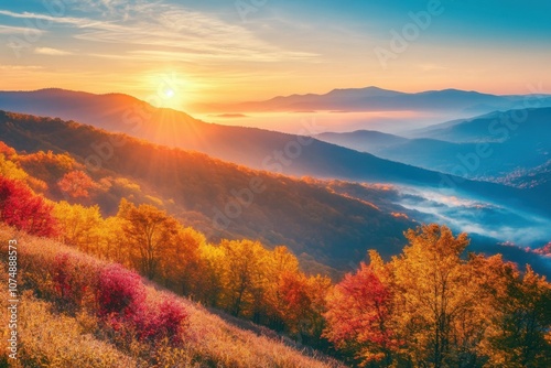 Breathtaking scenes of Appalachian Mountains in autumn. Colorful foliage reflecting the morning light amidst misty hills creating a picturesque setting