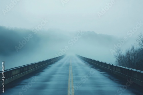 Long bridge road stretching into the distance, covered in a thick fog, creating a mysterious and atmospheric scene