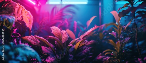 Lush indoor garden illuminated by vibrant neon lights in a tranquil setting at twilight