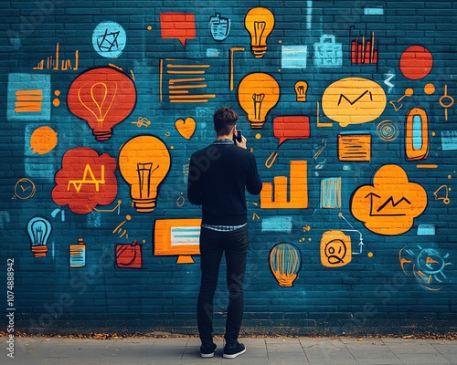 Businessman on phone, surrounded by bright and colorful startup sketch doodles, symbolizing business innovation and digital transformation