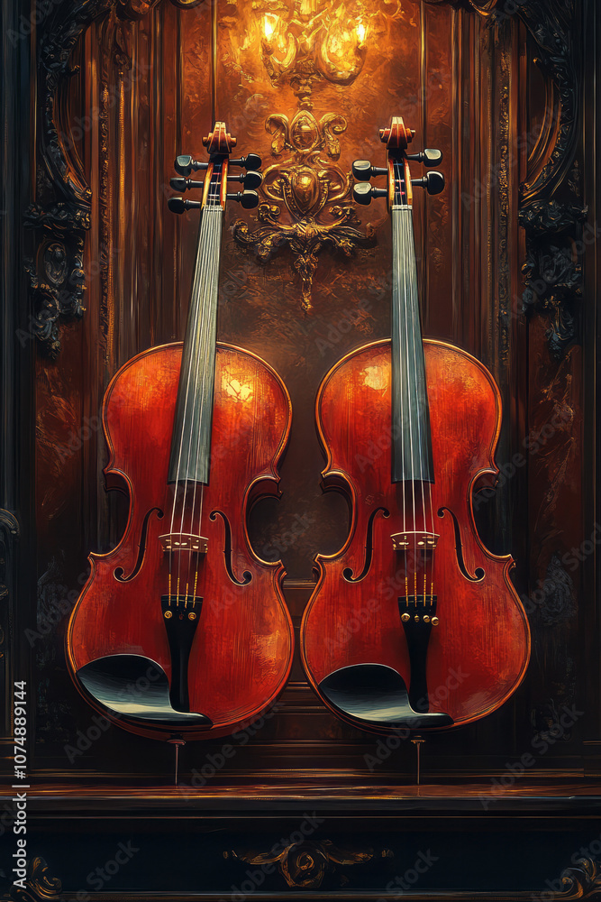 Naklejka premium Nostalgic illustration of two violins, gently crossed on a classic theater stage, with warm burgundy and golden hues,