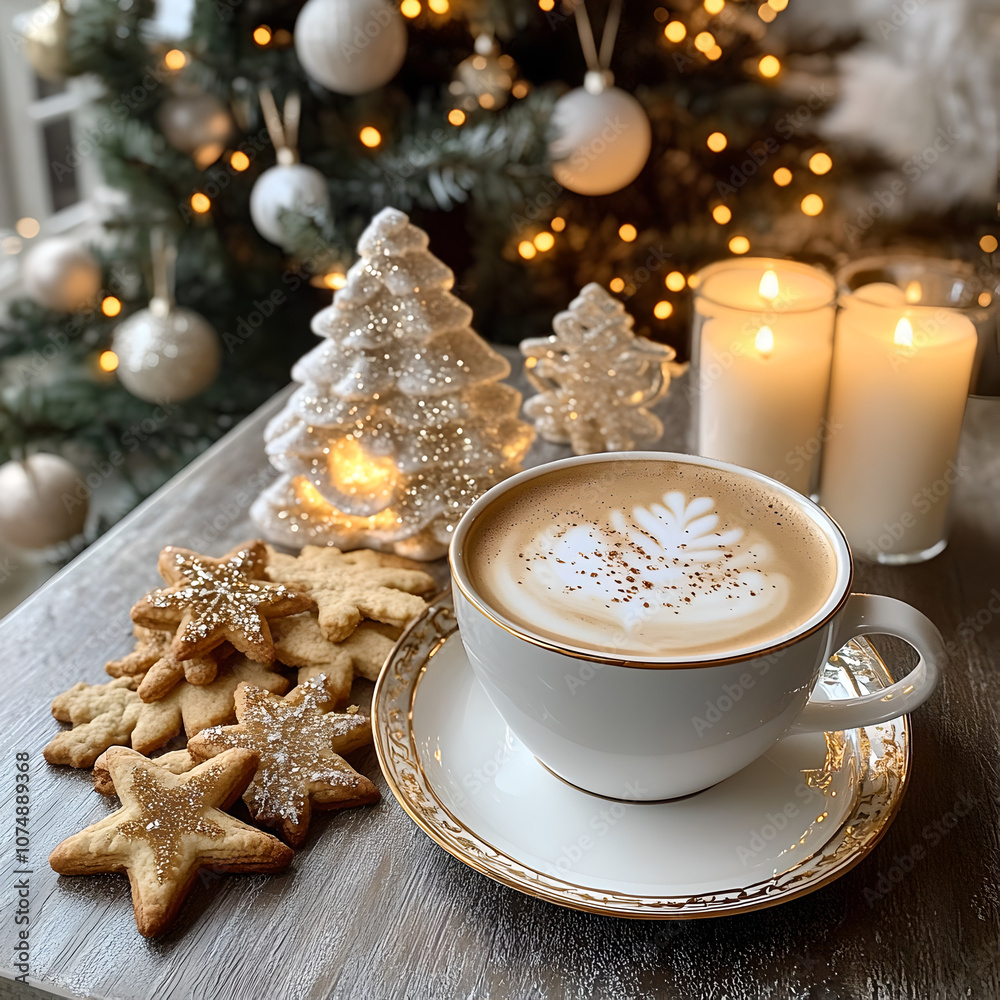 a cup of coffee on the Christmas morning with cookies, so joyful , warm and cozy a cup of coffee on the Christmas morning with cookies, so joyful , warm and cozy