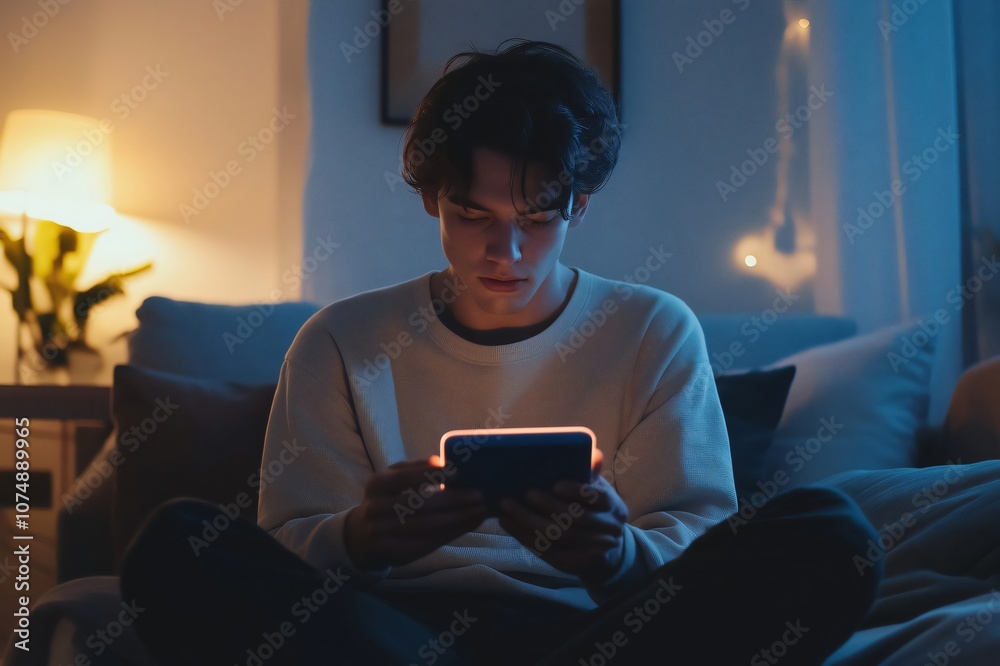 Young man is sitting on his bed at night, illuminated by the glow of his tablet as he browses the internet Young man is sitting on his bed at night, illuminated by the glow of his tablet as he browses the internet