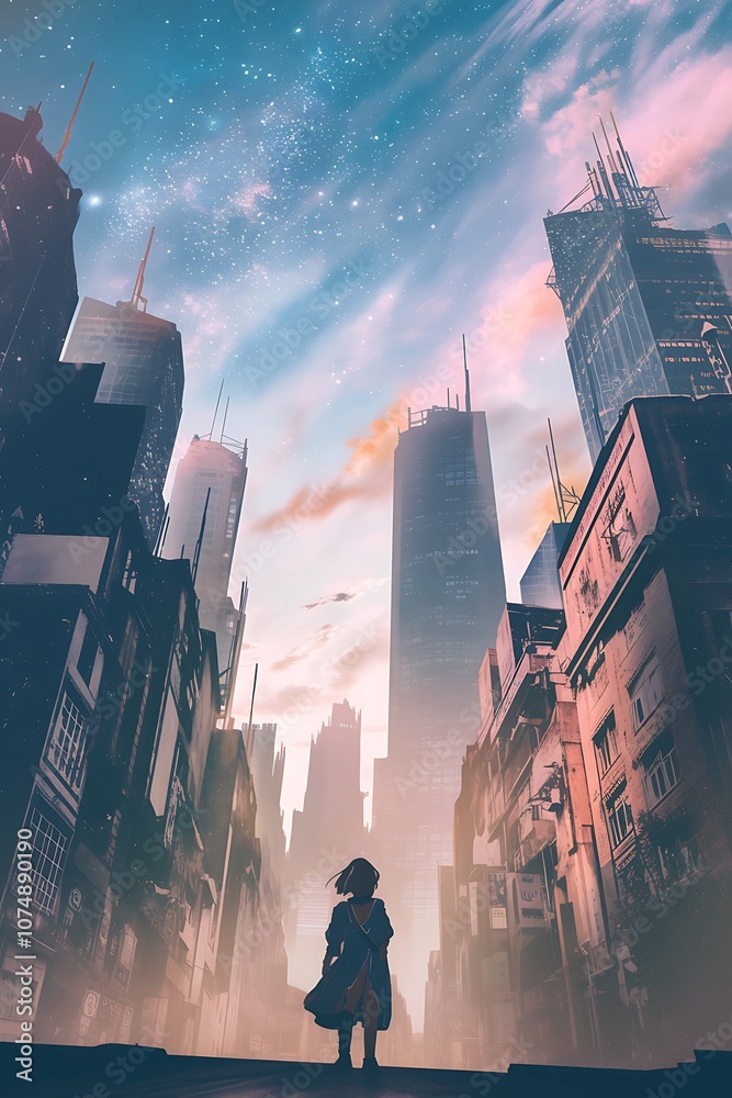 Fototapeta premium A lone figure stands in a futuristic cityscape with a starry sky