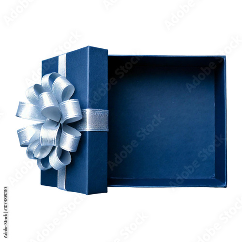 Dark blue gift box with blue ribbon isolated on transparent background; PNG