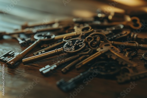 Bunch of antique keys on a wooden surface, selective focus emphasizing intricate details, warm tones adding a rustic feel, symbols of mystery and hidden stories