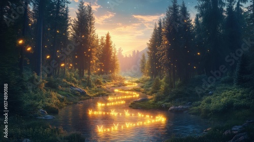 a picturesque river winds through a lush forest, with glowing arrows of light guiding its path, symbolizing trends. The tall trees frame the scene, bathed in the warm glow of sunset.