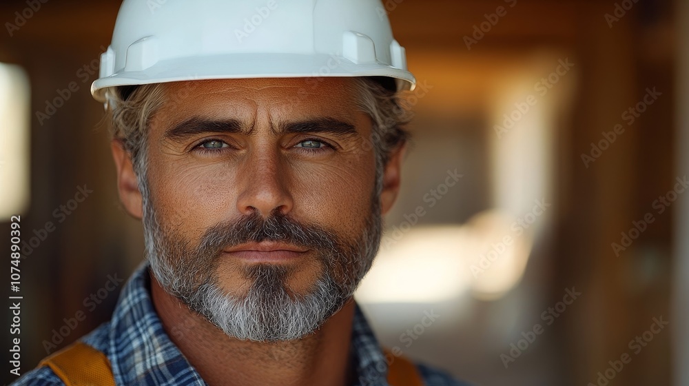 close-up of adult male construction worker in white helmet, builder close-up of adult male construction worker in white helmet, builder