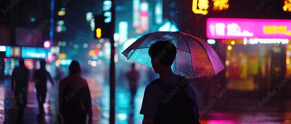 A lone pedestrian walks along a wet street illuminated by neon storefronts at night in an urban setting A lone pedestrian walks along a wet street illuminated by neon storefronts at night in an urban setting
