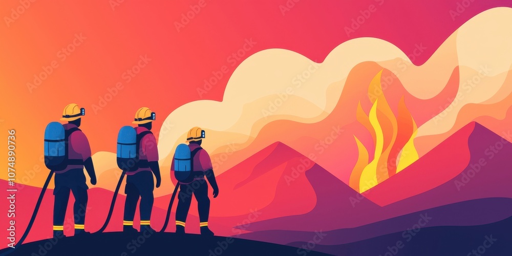 Fototapeta premium Three firefighters stand against a vibrant sunset, observing a wildfire in the mountains, showcasing bravery and the battle against nature.