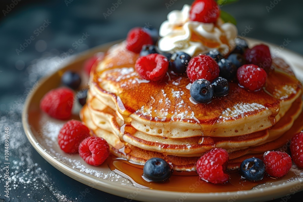 Stack of Pancakes with Whipped Cream, Raspberries, Blueberries, and Maple Syrup Stack of Pancakes with Whipped Cream, Raspberries, Blueberries, and Maple Syrup