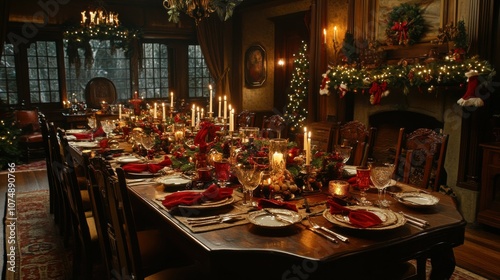 Wide shot of a large table set for a family holiday dinner, with holiday-themed napkins, candles, and other festive decor adding warmth to the setting.