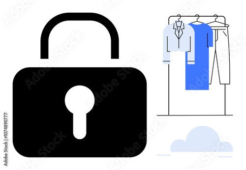 Large black padlock next to hanging garments, representing secured clothing storage. Ideal for cybersecurity, data protection, personal security, safe storage, fashion security, online privacy, home