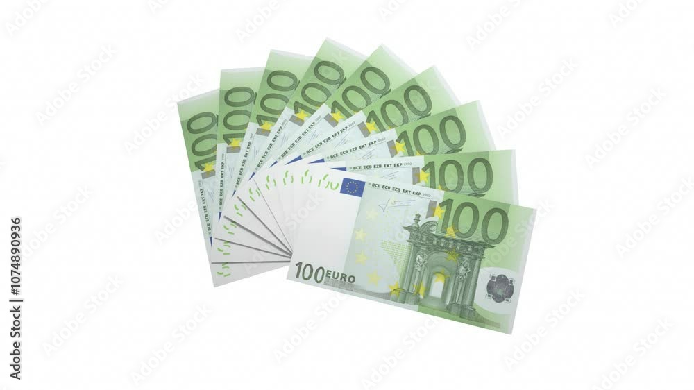 Animation of stacked 100 Euro banknotes fanned out in 4 seconds - 3D animation Animation of stacked 100 Euro banknotes fanned out in 4 seconds - 3D animation