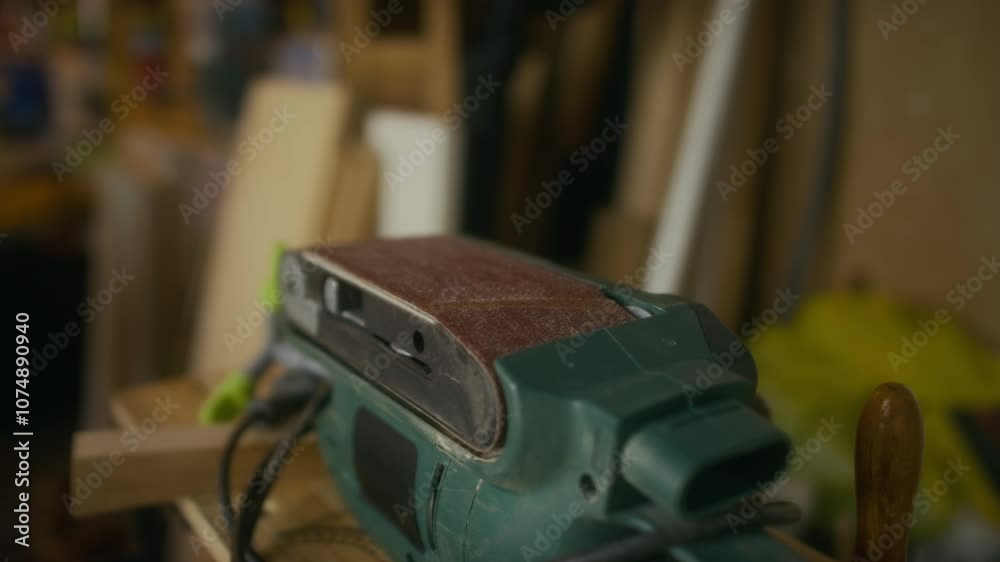 No people closeup of electric belt portable sander in woodworking workshop