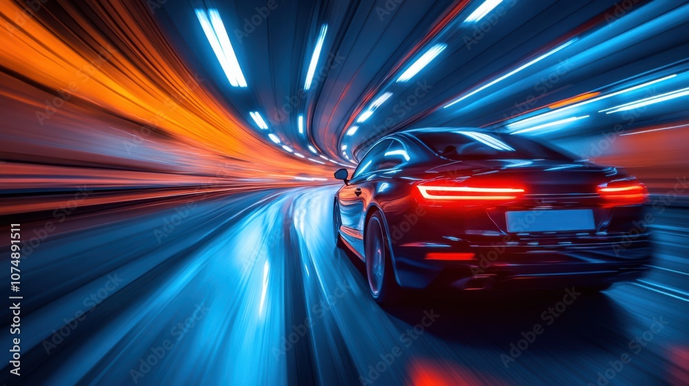 A sleek car speeds through a brightly lit tunnel, emphasizing motion with vibrant blue and orange lights. A sleek car speeds through a brightly lit tunnel, emphasizing motion with vibrant blue and orange lights.