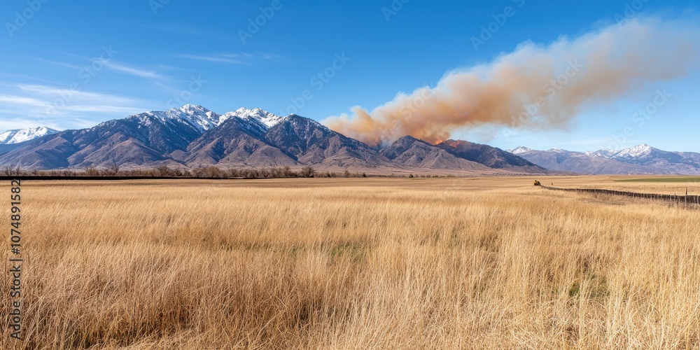 A scenic view of mountains with a plume of smoke rising against a blue sky, surrounded by grassy fields. A scenic view of mountains with a plume of smoke rising against a blue sky, surrounded by grassy fields.
