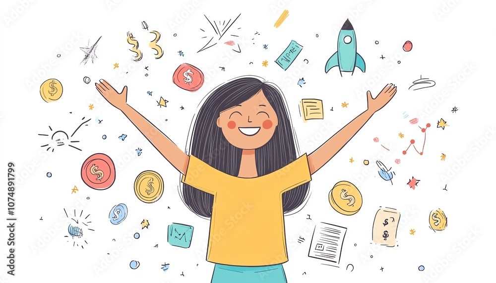Happy businesswoman with raised arms, startup icons and doodles like a rocket, dollar signs, and charts illustrating business growth Happy businesswoman with raised arms, startup icons and doodles like a rocket, dollar signs, and charts illustrating business growth