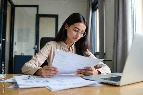 Focused businesswoman analyzing financial reports at office desk with laptop