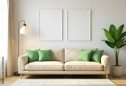 A modern living room with a beige sofa, green accent pillows, a pendant light, and two blank white frames on the wall.