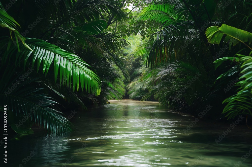 Scenic landscape of a tropical river flowing through a vibrant green jungle forest, creating a serene and captivating atmosphere Scenic landscape of a tropical river flowing through a vibrant green jungle forest, creating a serene and captivating atmosphere