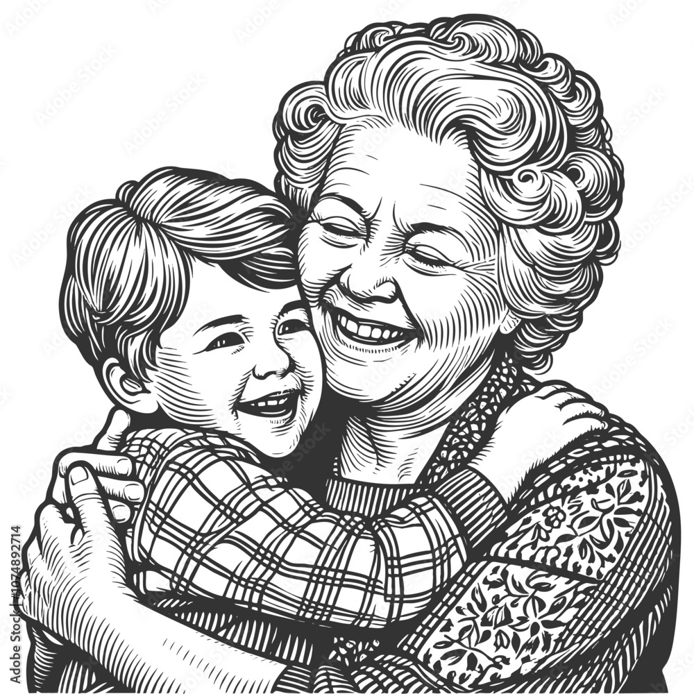 grandmother embracing her young grandson, family love and generational bond sketch engraving generative ai fictional character vector illustration. Scratch board imitation. Black and white image. grandmother embracing her young grandson, family love and generational bond sketch engraving generative ai fictional character vector illustration. Scratch board imitation. Black and white image.