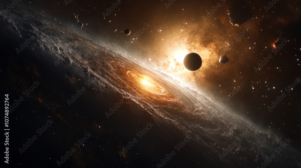 Naklejka premium A breathtaking galaxy full of stars, nebula clouds, and distant planets against a dark sky