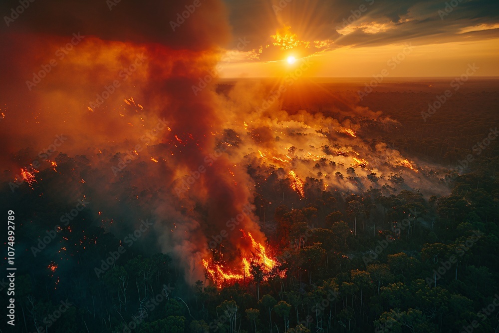 Fototapeta premium As the sun sets, a vast forest is ablaze, with thick black smoke billowing into the sky. The wildfire spreads rapidly, endangering the wildlife and the surrounding environment