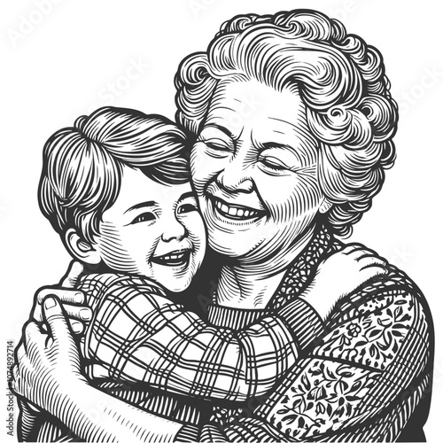grandmother embracing her young grandson, family love and generational bond sketch engraving generative ai fictional character vector illustration. Scratch board imitation. Black and white image.