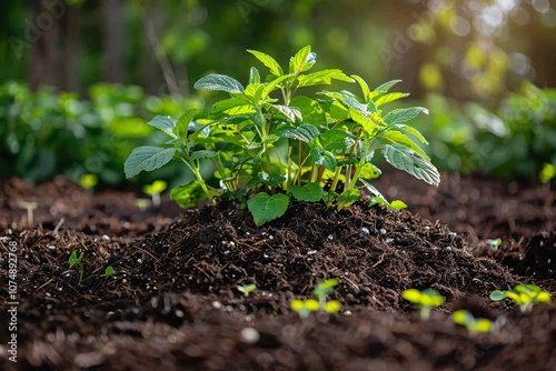 A cluster of vibrant mint plants is flourishing in rich, dark soil, illuminated by the gentle sunlight. Surrounding greenery enhances the serene garden atmosphere, showcasing healthy growth