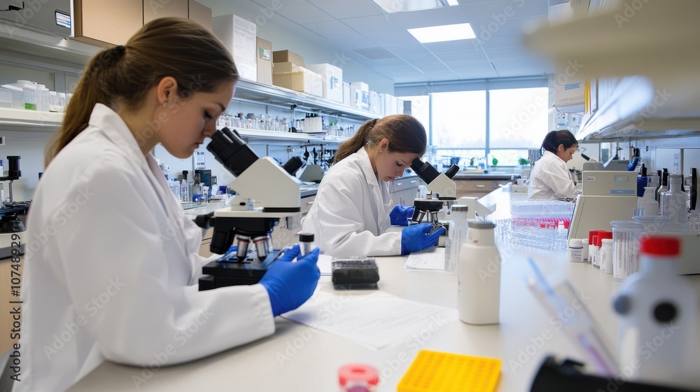 Biology lab setting with biologists working on genetic analysis, microscopes, and molecular research tools Biology lab setting with biologists working on genetic analysis, microscopes, and molecular research tools
