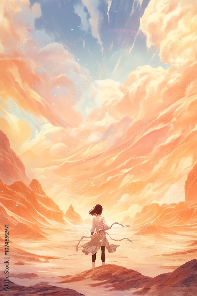 A lone figure stands on a desolate landscape under a swirling sky A lone figure stands on a desolate landscape under a swirling sky