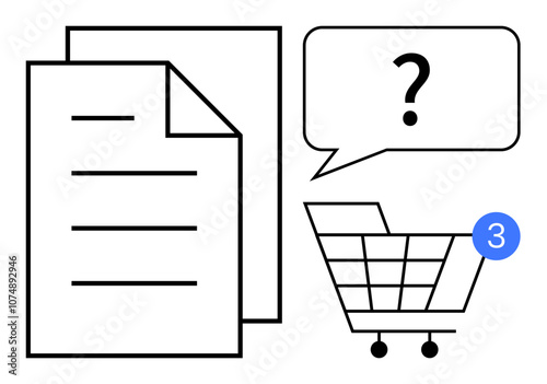 Shopping cart with notification badge, chat bubble with question mark, and a stack of documents. Ideal for e-commerce, customer service, online shopping, digital transactions, consumer behavior