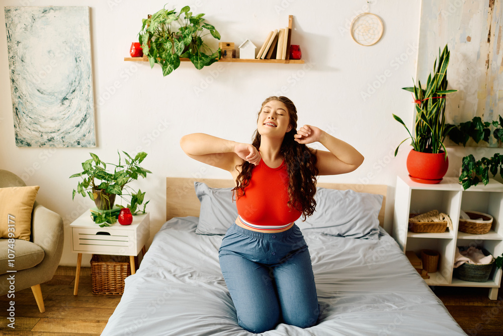 A young plus size woman smiles as she stretches playfully on her bed, surrounded by lovely plants and sunshine. A young plus size woman smiles as she stretches playfully on her bed, surrounded by lovely plants and sunshine.