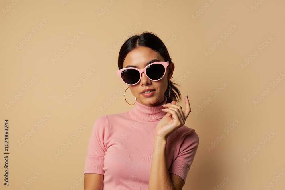 Stylish woman in pink outfit and sunglasses posing against beige background Stylish woman in pink outfit and sunglasses posing against beige background