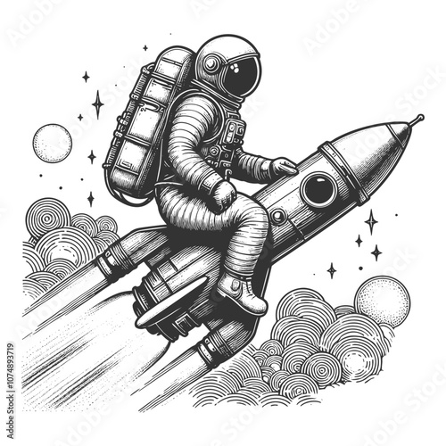 astronaut giving a peace sign while riding a rocket through space, capturing adventure and whimsy sketch engraving generative ai vector illustration. Scratch board imitation. Black and white image.