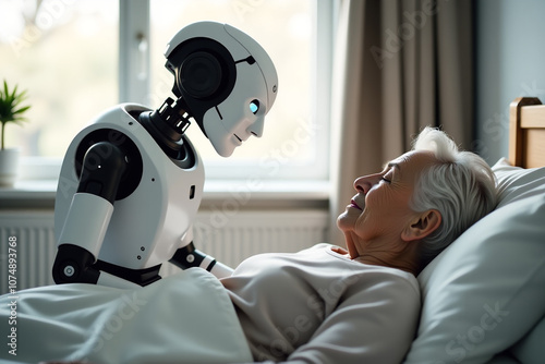 A caregiver robot attending to an elderly woman lying in bed.
