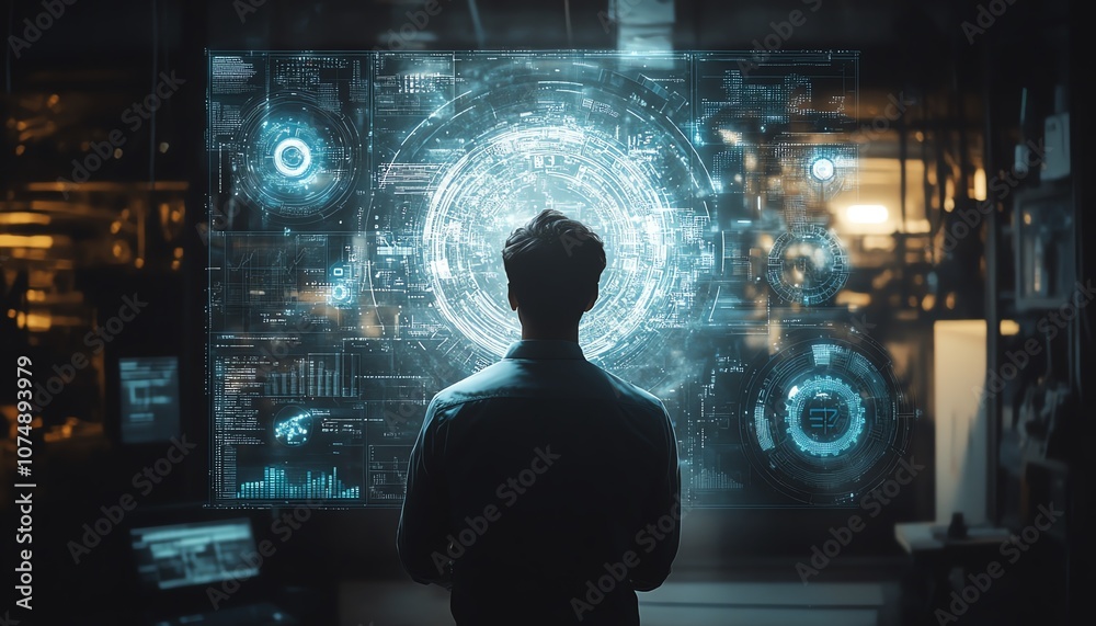 Businessman engaged with digital icons of gears, target, and financial growth, representing modern business planning and success