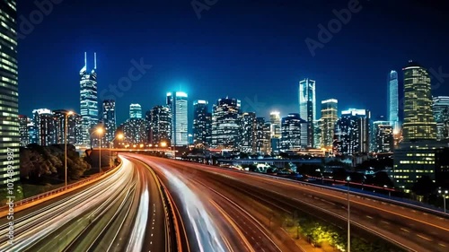 夜の街並み、ビル群の明かりが煌めく都会の夜景