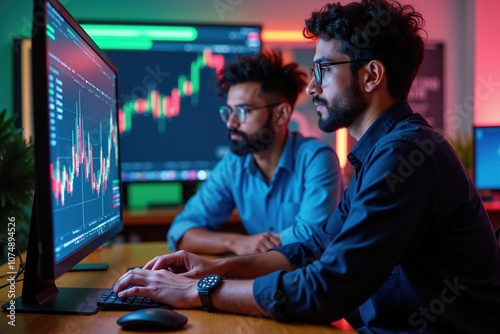 Two traders analyzing cryptocurrency market trends on dual monitors in modern office setting photo