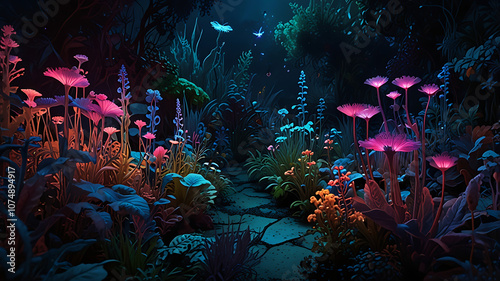 AI-generated, Deep Sea Garden with Glowing Flora