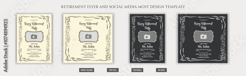 Traditional happy retirement flyer, squire social media post design, vector, congratulations, chill, peace, festive, celebration, event, special, old, vintage, a4 template bundle.
