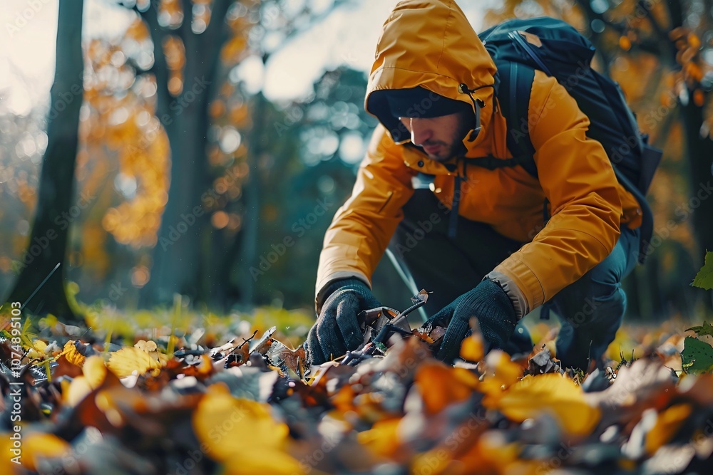 A person dressed in a yellow jacket is crouching down in an autumn forest, gathering leaves. The area is filled with vibrant orange, yellow, and brown foliage, showcasing the beauty of fall A person dressed in a yellow jacket is crouching down in an autumn forest, gathering leaves. The area is filled with vibrant orange, yellow, and brown foliage, showcasing the beauty of fall