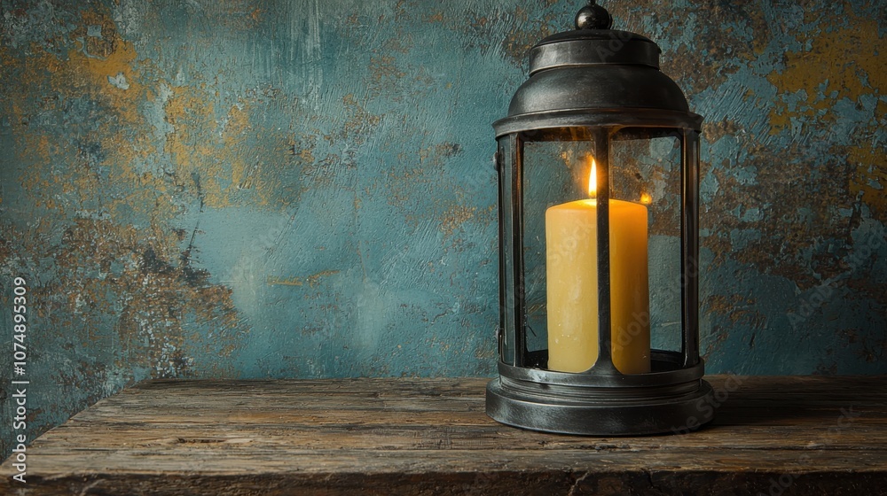 A lantern with a glowing candle on a rustic wooden table against a textured wall. A lantern with a glowing candle on a rustic wooden table against a textured wall.